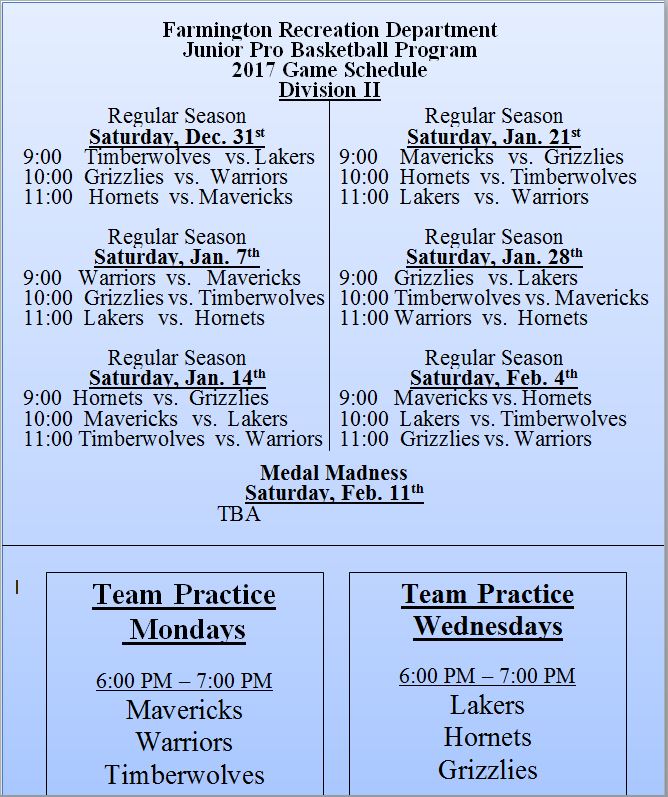 Jr. Pro Div II Schedule 2017