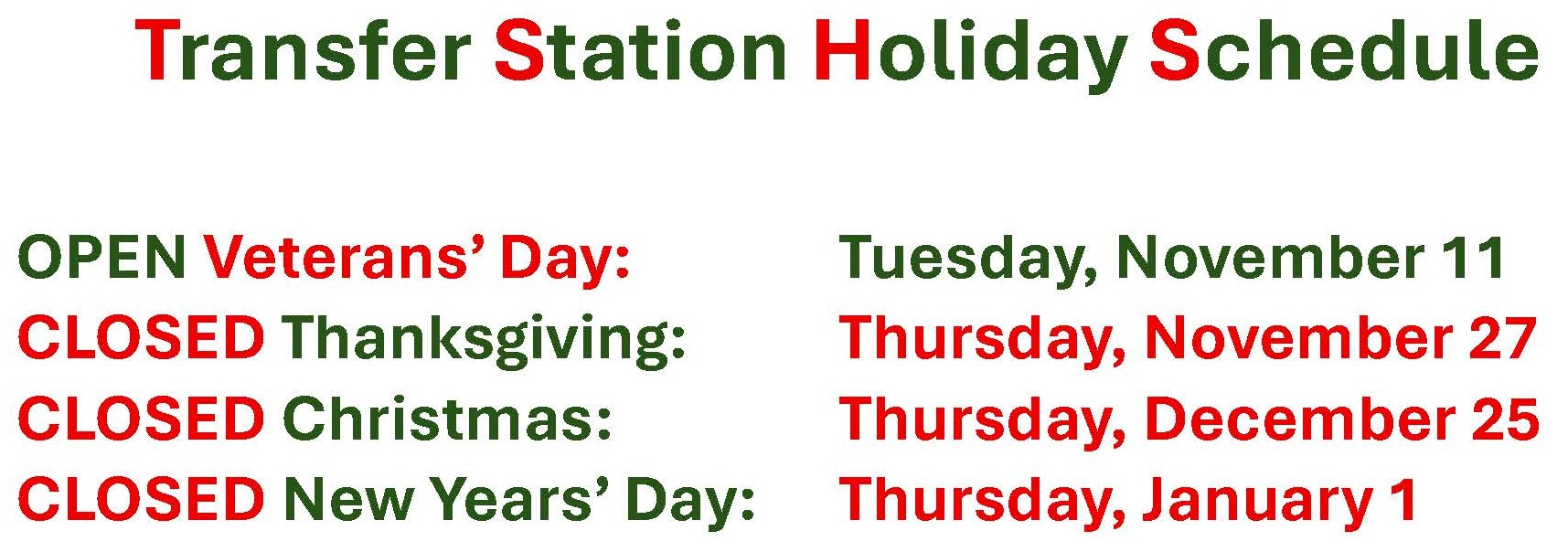 Transder Station Holiday Schedule2025